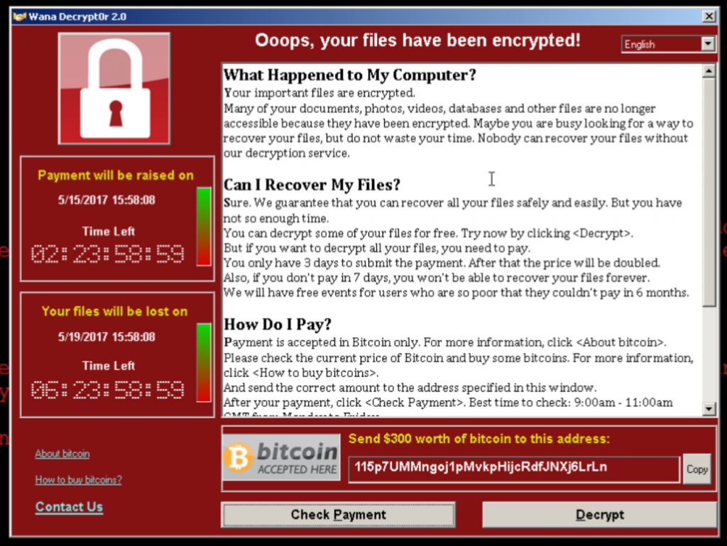 Ejemplo de Ransomware, captura de pantalla de WannaCry